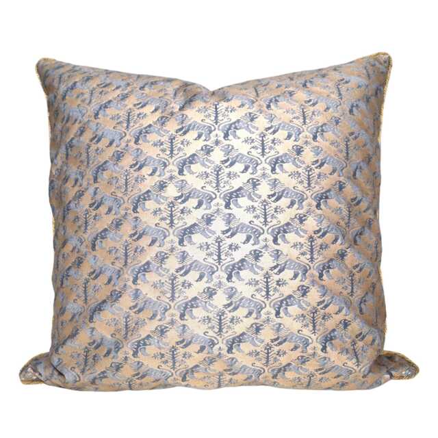 Fortuny Fabric Throw Pillow Cushion Cover in Indigo Blue & Silvery Gold Richelieu Pattern - Made Italy - image 1