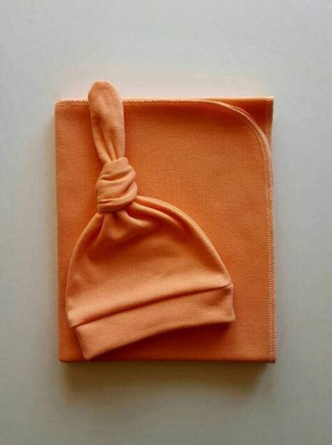 Peach Organic Swaddle Blanket & Hat Set. Newborn Girl Take Home Baby Shower Gift. Photo Prop - image 1