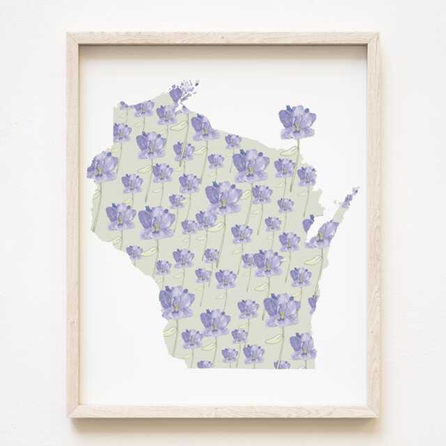 Wisconsin State Flower Map Watercolor Wood Violet - Art Print Wall Mothers Day Gift Graduation Wedding Realtor Moving Floral - image 1