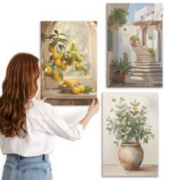 3 Piece Canvas Set - Lemons in A Vase & Plants White Architecture, Yellow Print On Canvas, Flowers Wall Decor - thumbnail 3