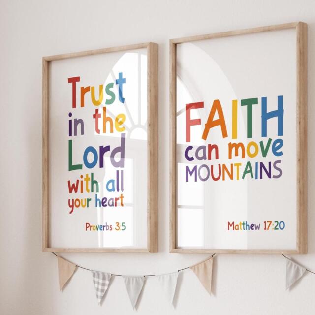 Set Of 2 Bible Verse Prints, Trust in The Lord, Faith Can Move Mountains, Christian Wall Art, Sunday School Decor, Scripture Rainbow Prints - image 1