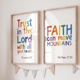 Set Of 2 Bible Verse Prints, Trust in The Lord, Faith Can Move Mountains, Christian Wall Art, Sunday School Decor, Scripture Rainbow Prints - thumbnail 1