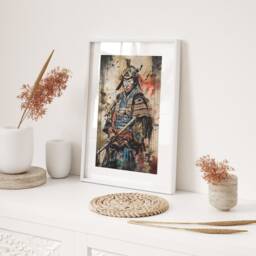 Samurai Warrior Textured Illustration Wall Art Print Japanese Style Beige Multicolour Modern Home Decor Gift For Bedroom Living Room Office - thumbnail 2