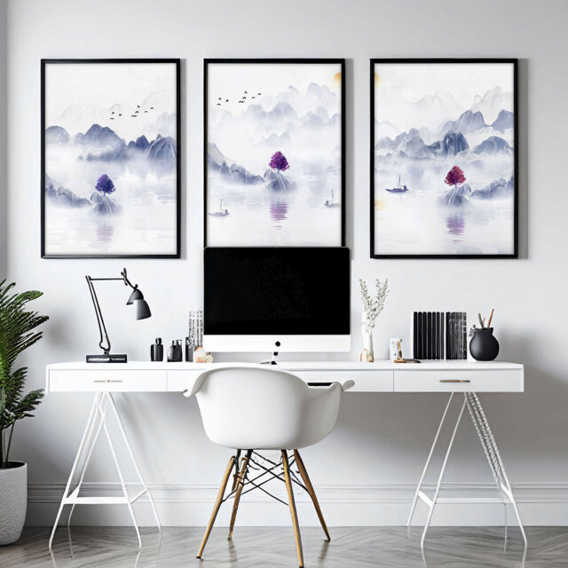 Japanese Zen Home Office Desk Decor For Women Set Of 3 Framed Wall Art Prints, Very Peri Japandi Designer Large Gallery Hanging - image 1