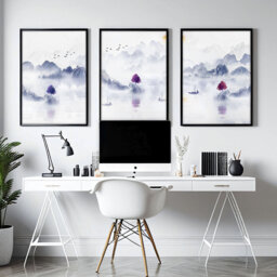 Japanese Zen Home Office Desk Decor For Women Set Of 3 Framed Wall Art Prints, Very Peri Japandi Designer Large Gallery Hanging - thumbnail 1