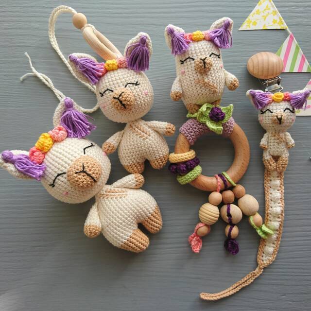 Crochet Llama Baby Gift Set Handmade Rattle, Pacifier Clip, Stuffed Animal & Hanging Toy - image 1