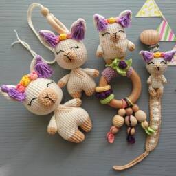 Crochet Llama Baby Gift Set Handmade Rattle, Pacifier Clip, Stuffed Animal & Hanging Toy - thumbnail 1