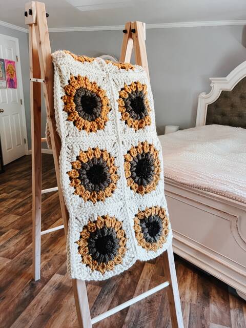 Chunky Sunflower Blanket, Granny Square Afghan, Crochet Boho Blanket - image 1
