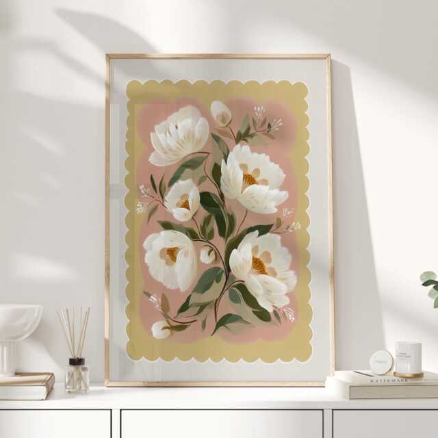 Folk Botanical Floral Wall Art Print, Cream Peony Style Flowers On Pink & Ochre, Contemporary Nature Poster For Bedroom Or Living Room - image 1