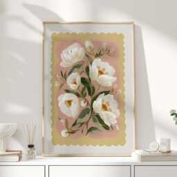 Folk Botanical Floral Wall Art Print, Cream Peony Style Flowers On Pink & Ochre, Contemporary Nature Poster For Bedroom Or Living Room - thumbnail 1