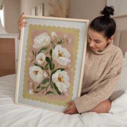 Folk Botanical Floral Wall Art Print, Cream Peony Style Flowers On Pink & Ochre, Contemporary Nature Poster For Bedroom Or Living Room - thumbnail 3