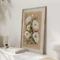 Folk Botanical Floral Wall Art Print, Cream Peony Style Flowers On Pink & Ochre, Contemporary Nature Poster For Bedroom Or Living Room - thumbnail 2