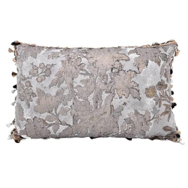 Decorative Lumbar Pillow Case With Tassel Trim Silver & Gold Silk Brocade Rubelli Fabric Dorian Gray Pattern - Made in Italy - image 1
