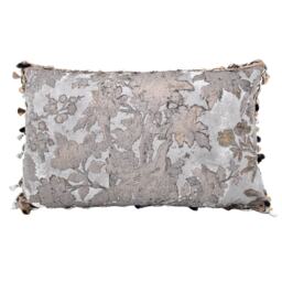 Decorative Lumbar Pillow Case With Tassel Trim Silver & Gold Silk Brocade Rubelli Fabric Dorian Gray Pattern - Made in Italy