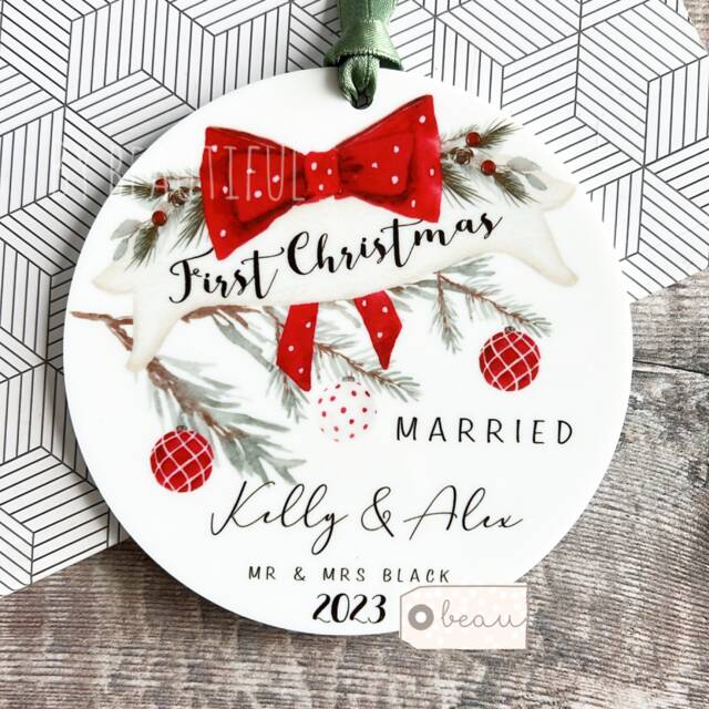 Personalised First Christmas Married Wedding Gift As Mr Mrs Gift Newlywed Bow Wreath Greenery Ceramic Or Acrylic Round Ornament Keepsake