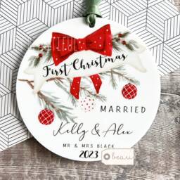 Personalised First Christmas Married Wedding Gift As Mr Mrs Gift Newlywed Bow Wreath Greenery Ceramic Or Acrylic Round Ornament Keepsake