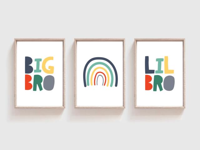 3 Boys Nursery Prints, Bedroom Decor, Brother Playroom Brothers Big Bro, Little Rainbow Wall Art - image 1