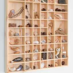 Large Wooden Trinket Display Shelf - 51 Compartments Wall Hanging Unit Shelves Organiser Plain Unpainted Natural Decorative Wood - thumbnail 2