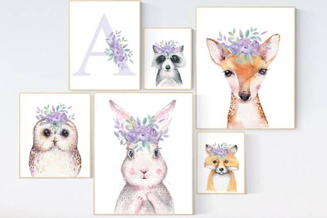 Woodland Animal Nursery Prints Lilac Floral Decor - image 1
