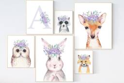 Woodland Animal Nursery Prints Lilac Floral Decor - thumbnail 1