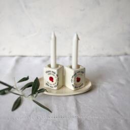 Shabbat Songs Ceramic Candle Holders Hebrew Text, Black & Gold - thumbnail 4
