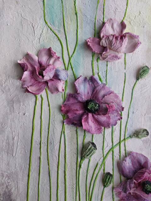 Panel Impasto, Sculpture Painting Poppies, Three-Dimensional Flowers With Plaster, 3D Flower Painting, Art, Wall Decor - image 1