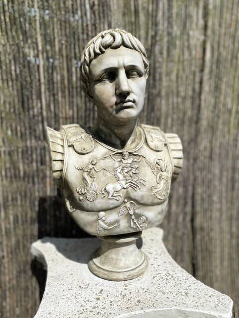 White Stone Caesar Augustus Bust White Stone With Crushed Marble Head & Shoulder Roman Classic - image 1