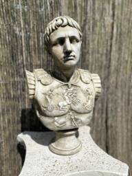 White Stone Caesar Augustus Bust White Stone With Crushed Marble Head & Shoulder Roman Classic