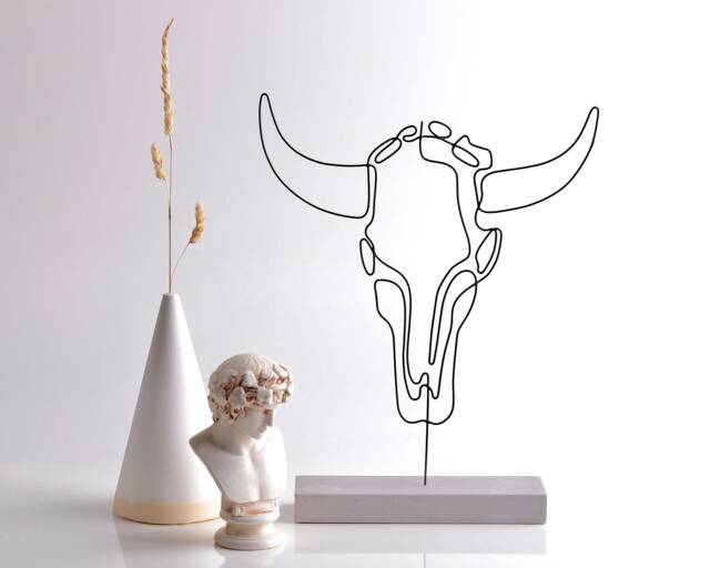 Handmade Wire Cow Skull Sculpture Line Art Shelf Decor - image 1