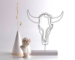 Handmade Wire Cow Skull Sculpture Line Art Shelf Decor - thumbnail 1