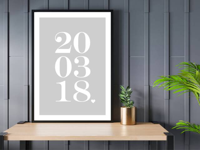 Personalised Date Grey Bold Print - Statement Poster Home Decor Gift Bespoke A5 A4 A3 Framed - image 1