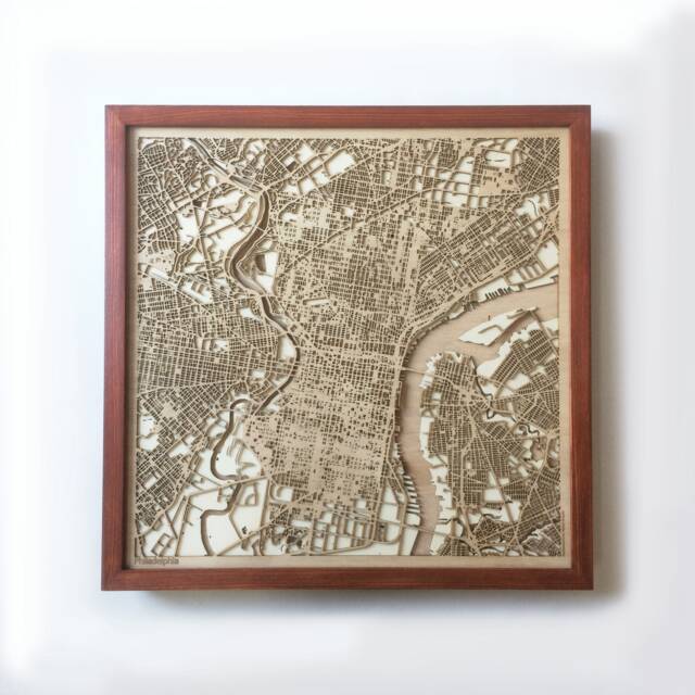 Philadelphia Wooden Map - 3D Laser Cut Mahogany Framed Wall Art - image 1