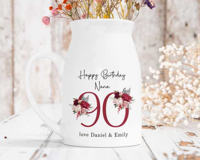 Personalised Milk Jug Style Ceramic Vase, 90Th Birthday Gift, Small Flower Home Decor, Pink Roses Print, Any Relation Mum Nana Nanny - image 1