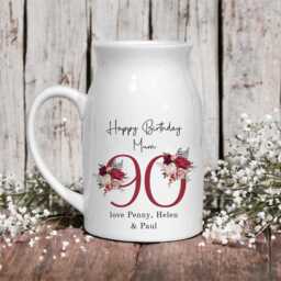 Personalised Milk Jug Style Ceramic Vase, 90Th Birthday Gift, Small Flower Home Decor, Pink Roses Print, Any Relation Mum Nana Nanny - thumbnail 2