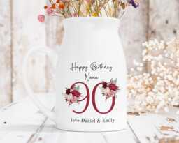 Personalised Milk Jug Style Ceramic Vase, 90Th Birthday Gift, Small Flower Home Decor, Pink Roses Print, Any Relation Mum Nana Nanny - thumbnail 1