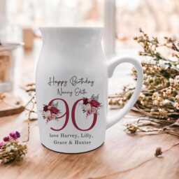 Personalised Milk Jug Style Ceramic Vase, 90Th Birthday Gift, Small Flower Home Decor, Pink Roses Print, Any Relation Mum Nana Nanny - thumbnail 3