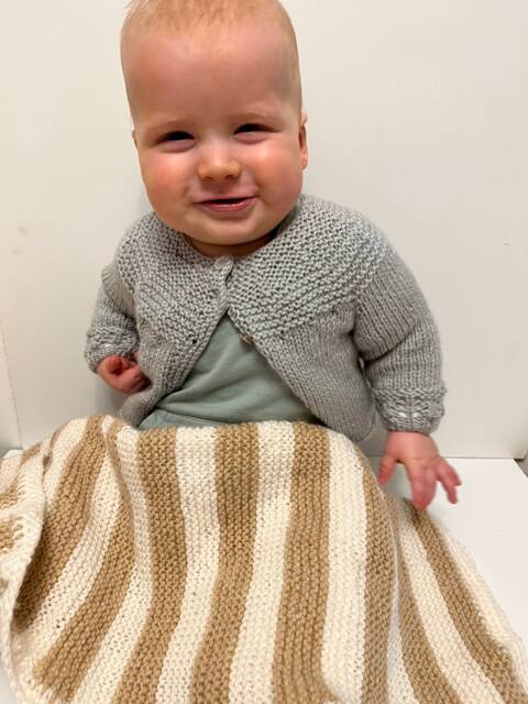 Baby Blanket in White, & Beige Stripe, Hand Knit Pram Blanket, Baby Shower Gift, New Present - image 1