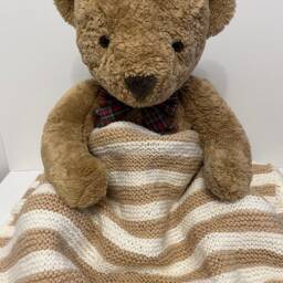 Baby Blanket in White, & Beige Stripe, Hand Knit Pram Blanket, Baby Shower Gift, New Present - thumbnail 2