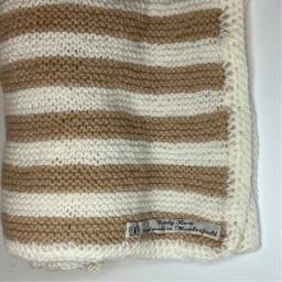Baby Blanket in White, & Beige Stripe, Hand Knit Pram Blanket, Baby Shower Gift, New Present - thumbnail 3