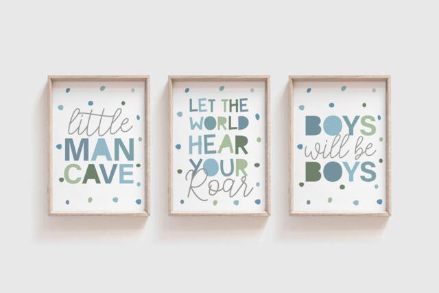 3 Boys Nursery Prints, Little Man Cave, Will Be Boys, Let The World Hear Your Roar, Wall Art, Bedroom, Brothers - image 1