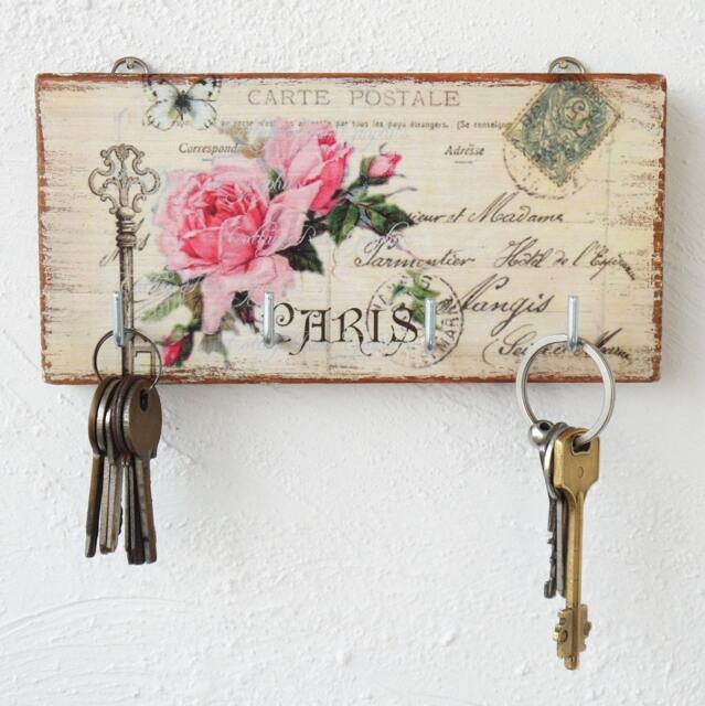 Key Holder For Wall Pink Roses/Decor Carte Postale Paris Wood Key Retro - image 1
