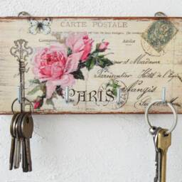 Key Holder For Wall Pink Roses/Decor Carte Postale Paris Wood Key Retro - thumbnail 3