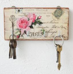 Key Holder For Wall Pink Roses/Decor Carte Postale Paris Wood Key Retro - thumbnail 1