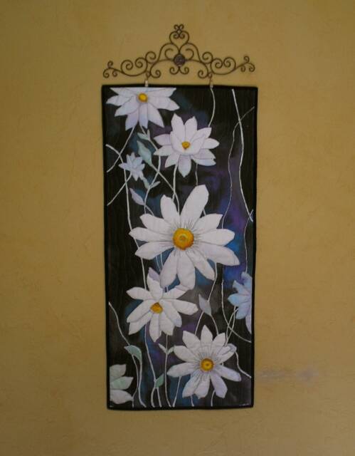 Art Quilt/White Clematis Quilted Wall Hanging Hand Painted Fiber Paintedquilts - image 1