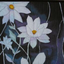 Art Quilt/White Clematis Quilted Wall Hanging Hand Painted Fiber Paintedquilts - thumbnail 2