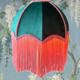 Handmade Green Velvet Lampshade, Pink Silk Fringe, Art Deco Style - thumbnail 3