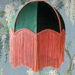 Handmade Green Velvet Lampshade, Pink Silk Fringe, Art Deco Style - thumbnail 2