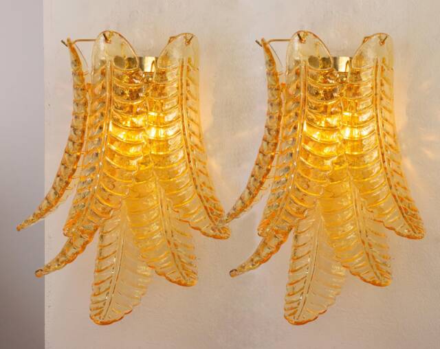 Set Of 2 Wall Sconce Amber Murano Petals Glass Made in Italy, Vintage Style Wall Lamp With Decorated Leaves, Italian Design