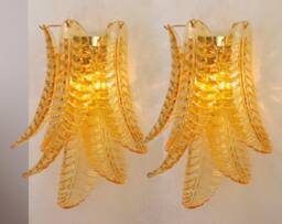 Set Of 2 Wall Sconce Amber Murano Petals Glass Made in Italy, Vintage Style Wall Lamp With Decorated Leaves, Italian Design - thumbnail 1