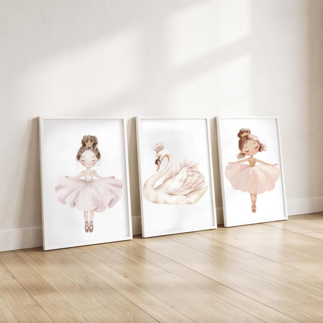 Ballerina Princess Swan Set Of 3 Nursery Prints- Set Nursery Bedroom Prints - Playroom -Kids Art Wall D??cor Inspiration Quote